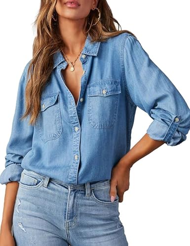 Women Button Down Chambray Denim Shirt Collared Long Sleeve Blouse Business Casual Tops with Pockets