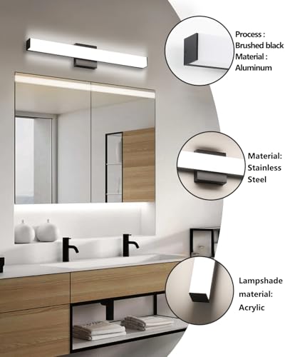 Image of Bathroom Vanity Light Brushed Nickel Square LED 24 inch 14W 4000K Natural White Light Wall Bar Lighting Fixtures Over Mirror (Matte Black, 24inch 4000K Dimmable)