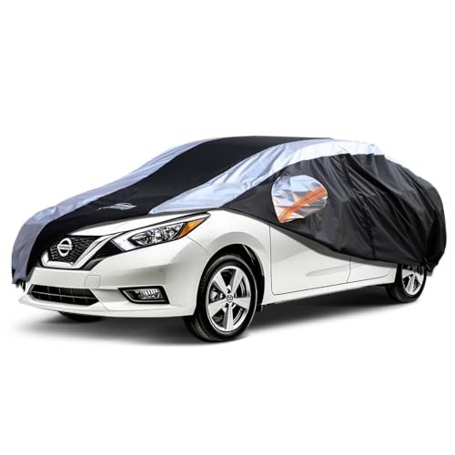 Image of Versa Car Cover Waterproof All Weather with Silver Strip Design, Custom Fit for Versa 20012-2025, Versa Accessory with Door Zipper & Windproof Straps