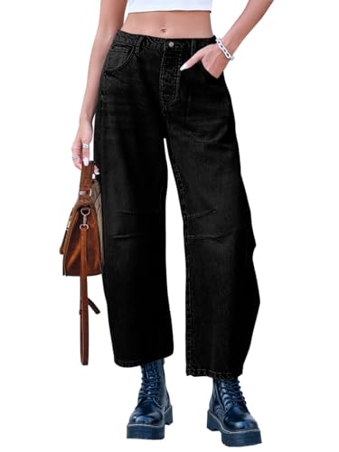Dokuritu Baggy Jeans for Woman Wide Leg Mid-Rise Denim Ankle Pants Boyfriend Jeans with Pockets