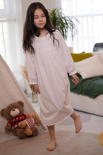 BANGSAUR Girls' White Dress, Princess Cotton Long Sleeve Nightdress,3-12 Years4