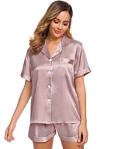 Image of SWOMOG Women Silk Satin Pajamas Set Short Sleeve Button Down Sleepwear Loungewear Pj Sets