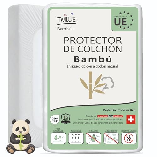 Twillie Protector de Colchón 135 x 190 Bambú Impermeable y Transpirable – Algodón Natural, Tratamiento Suizo Sanitized® Antiácaros Antibacteriano Antiolor – Hecho en UE