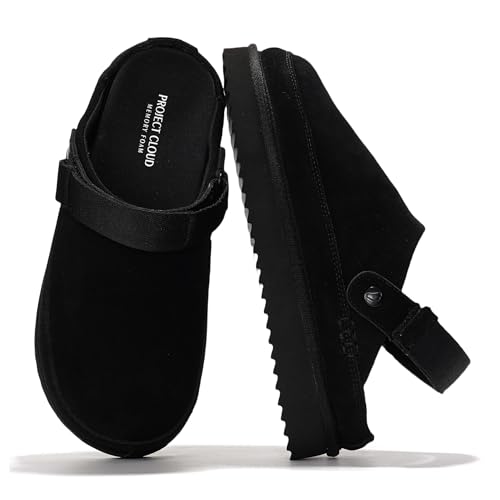 Project Cloud Genuine Suede Clogs for Women - Memory Foam Womens Clogs & Mules with Adjustable Straps - Lightweight Platform Shoes Non-Slip Slides (Goldstar)