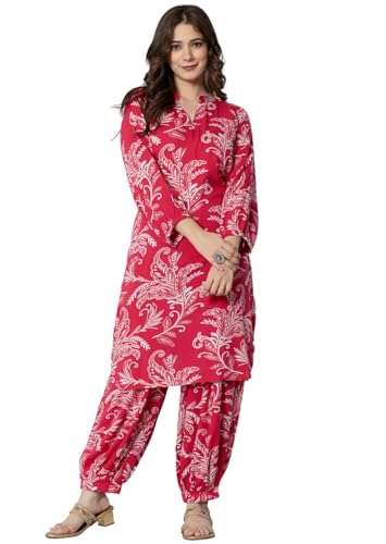 Image of rytras Women's Pure Cotton Printed Straight Kurta Set with Palazzo Pants - Ethnic Wear, Pink