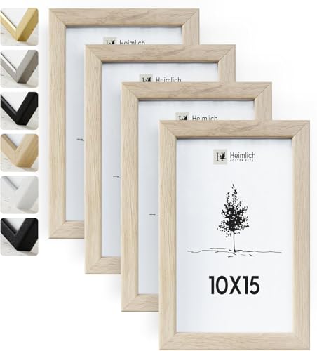 Heimlich® Bilderrahmen Eiche 4er Set - Aufhängen & Aufstellen mit Plexiglas, Foto Frame 10x15 Holz