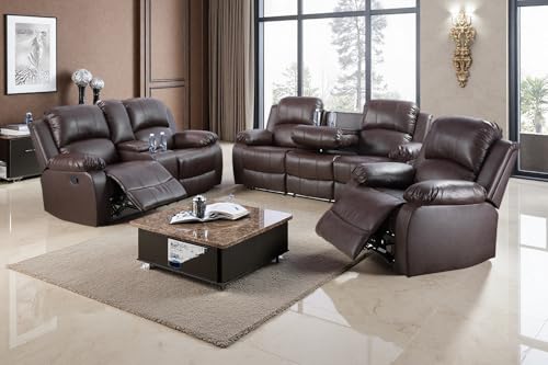 COSYMOOR 3 Pieces Living Room Furniture Sets with Cup Holder, Manual Leather Recliner Sofa Set with Storage, Bonded Leather Reclining Couches for Living Room/Office