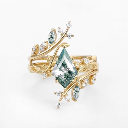 1.5CT Natural Moss Agate Wedding Ring Set for Women S925/10K/14K/18K Gold Moss Agate Bridal Ring Set Vintage Engagement Ring Set for Wife Bridal3