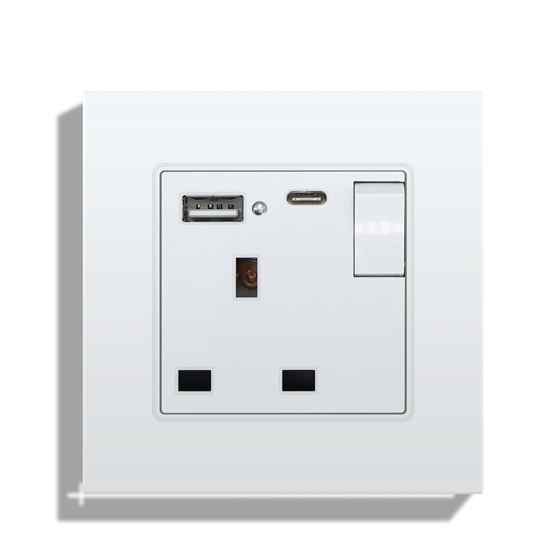 Prise Murale Standard Britannique 13 A Avec Panneau En Verre, Deux Prises USB 2,1 A Et Bouton Marche/Arrêt Pour Usage Résidentiel
