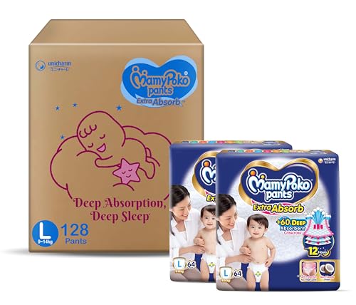 MamyPoko Pants Extra Absorb Baby Diapers, Large (L), 128 Count, 9...