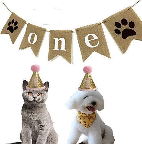 Alemon 1st Kitten Cat Puppy Birthday Party Supplies 2 Pack- ONE Burlap Banner Garland - First Pet Cat Birthday Hat