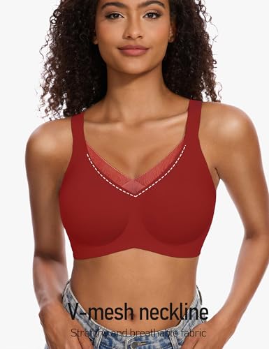 Image of Womens Lace Seamless Bra Wireless Full Coverage Push Up Bras for Women No Underwire Comfortable Bralettes, Red, M