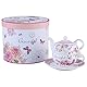 London Boutique Teekanne-, Tasse- und Untertasse-Set für eine Person im Vintage-Stil, mit Rosen- und Lavendel-Muster, Porzellan, in Geschenkbox 15x15cm Butterfly Rose
