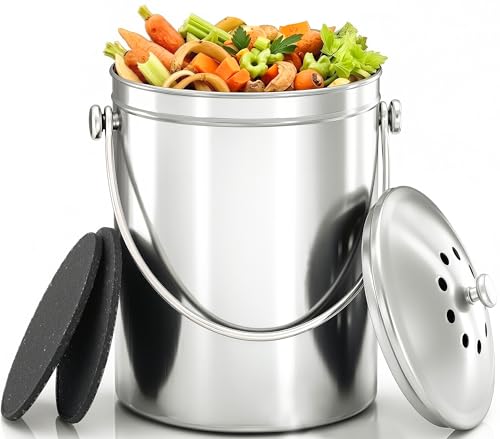 Utopia Kitchen Countertop Compost Bin Kitchen with Charcoal Filter -1.3gallon Stainless Steel Kitchen Compost Bin Countertop - Ideal Kitchen Essentials or Small Composter for Under The Sink Trash