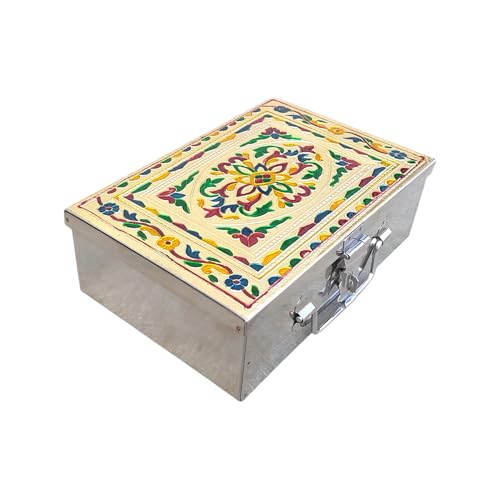 Image of Stainless Steel Storage Box, Cash Box, Pooja Peti, Organizer, Vanity Storage Box, Jewellery Safe Bank Locker, Cash Box With Handicrafts Digital Meena Kari Design (Blue, 9 Inches)