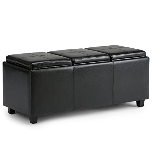 SIMPLIHOME Avalon Storage Ottoman - 42 inch Wide Upholstered Vegan Leather Rectangular Flip-Top Ottoman in Midnight Black, Contemporary Storage Coffee Table Ottoman for Living Room with Hidden Storage