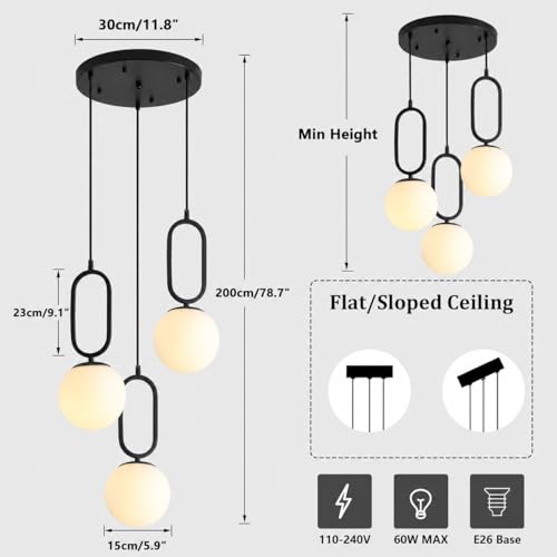 Image of 3-Light Mid Century Modern Pendant Lights Fixture with White Glass Globe Shade Vintage Black Hanging Light Retro Industrial Pendant Light for Bedroom Living Dining Room