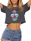 Womens Crop Tops Summer T Shirts Casual Loose Fit Top Round Neck Basic Tees Y2k Short Sleeve Shirt﻿(Dark Grey Pineapple,M)