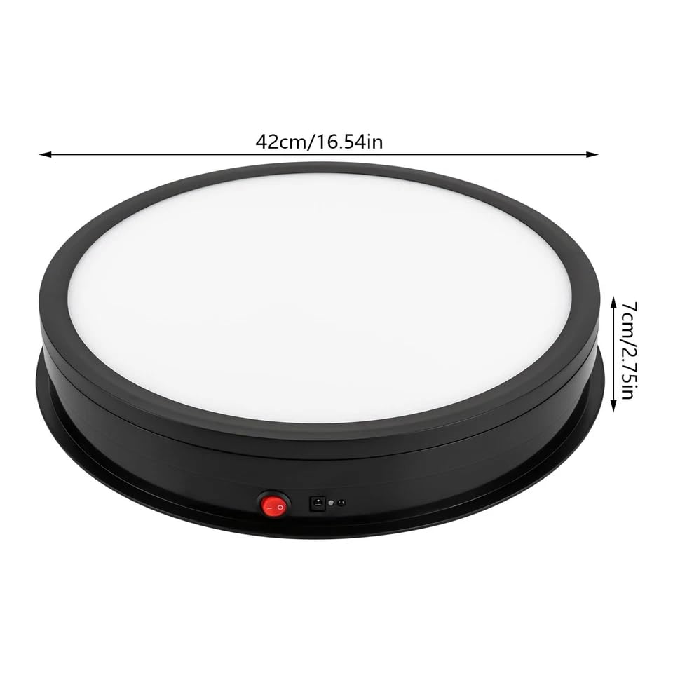 Plato giratorio eléctrico de 42 cm para fotografía, pantalla giratoria con mando a distancia y luz LED para tiendas, estudios, bibliotecas escolares, salas de exposición (negro)