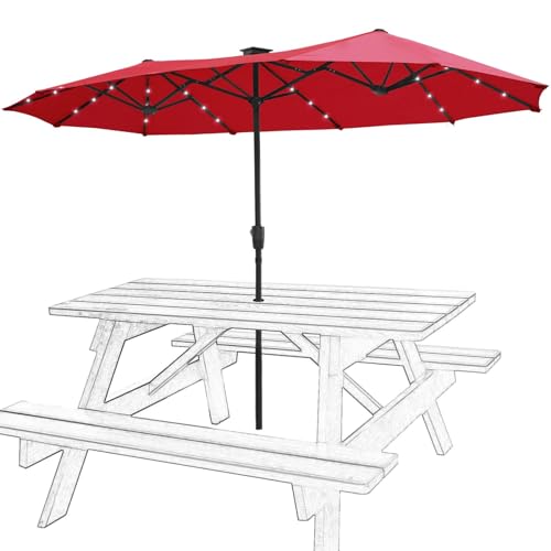 FREE SOLDIER 13FT Double-Sided Patio Umbrellas With 36 LED Lights, Market Twin Table Umbrella with Solar lights for Patio Garden Yard Pool (Burgundy)