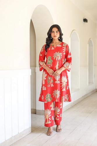 Image of LookMark Women's Viscose Rayon Printed Stitched Kurta with Pant | Red Color Kurta Set | Kurta with Pant Set for Woman | Printed Kurta Set