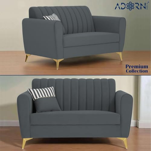 Image of Adorn India Premium Luster 3-2 Sofa Set | Velvet Suede Fabric | 3-Year Warranty | Color Dark Grey with Golden Legs & Striped Pattern Cushion