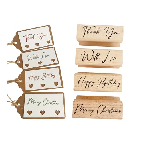Greeting scrpt Rubber Stamp Set 4PC Thank You Rubber Stamp Set with Wooden Block-with Love Happy Birthday Merry Christmas Stamps for Gift Tags Packaging Cards & Small Business Supplies