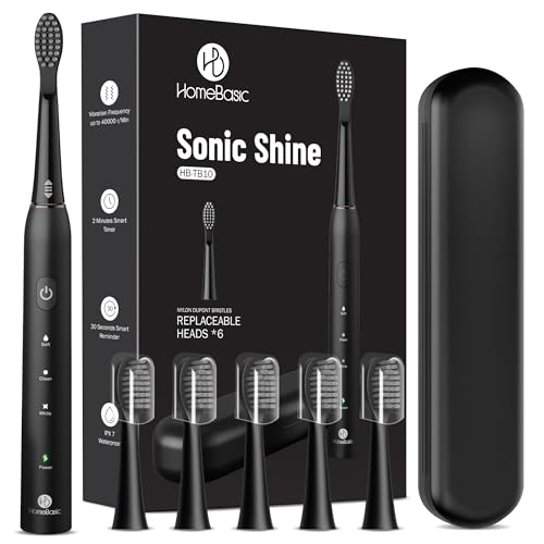 Image of HomeBasic Sonic Shine Electric Toothbrush for Adults, Rechargeable with 6 Brush Heads | 3 Modes, Smart 2-Min Timer, USB-C Charging, 50-Day Battery | IPX7 Waterproof Travel Case Included (Black)