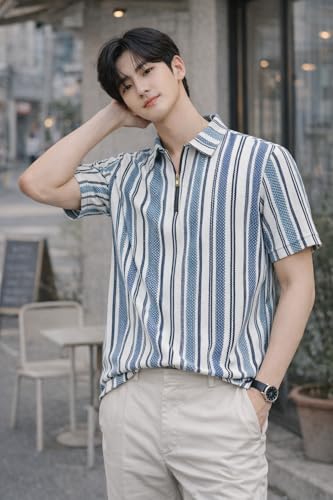 Image of London Hills Men's Loose Fit Half Sleeve Vertical Striped Polo T-Shirt with Zip Collar | Premium Polyester Fabric | T Shirt for Man | Tshirt | Shirts Men | Tshirt for Man | Men T-Shirts