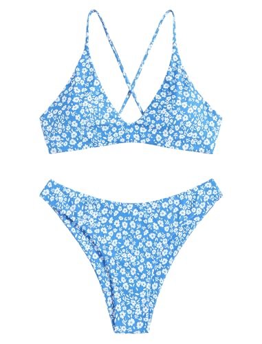 Image of ZAFUL Women's Tie Back Padded High Cut Bralette Bikini Set Two Piece Swimsuit