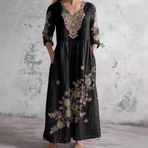 Akivide Women's Boho Floral Print V Neck Long Sleeve Maxi Dress Bohemian Oversized Casual Loose Dress with Pocket2