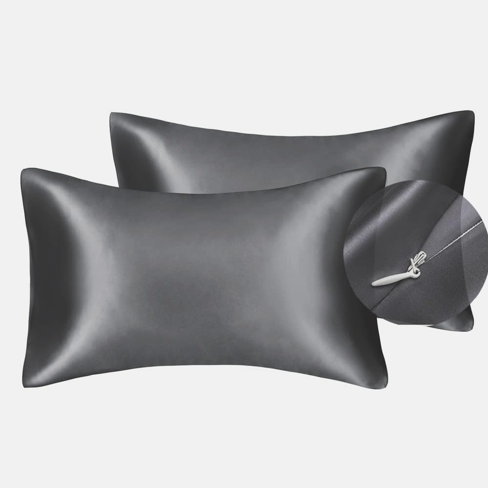 Silky Luxury Satin Pillow Case for Hair & Facial Skin to prevent wrinkles Hidden Zipper (Grey, Standard(50x75cm) 2 Pk)