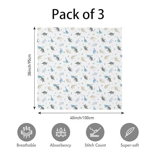 Soarwg Kids Muślinowy koc dla niemowląt, muślinowy koc dla noworodków, 3 sztuki, muślinowy koc, duży, 95 x 100 cm, na baby shower, tropikalny dinozaur