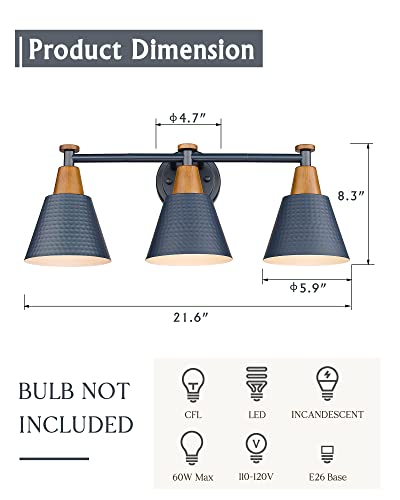 Image of FEMILA Bathroom Vanity Light, 3-Light Modern Bathroom Light Fixture with Hammered Metal Shade Finish, Dark Blue Wall Sconce Lamp Lighting for Bedroom, 4FG59B-3W Blue