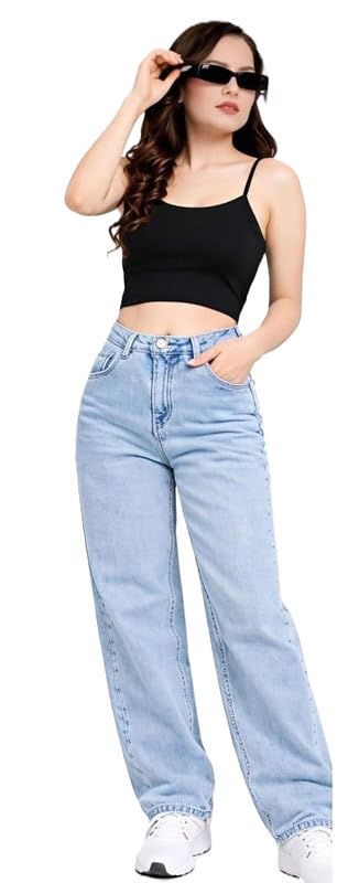 Rajeev Enterprises Comfortable Wide Leg Denim Jeans Relaxed Fit High Rise Pants Casual Designing for Women-image-23