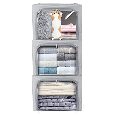 STSTECH Clothes Storage Box Bins Stackable Foldable Organizer with Metal Frame for Clothing Bedding Shelves,Closet Container with Clear Window Zipper and Label Holder (Gray,Small-40L x3 Pack) Cover