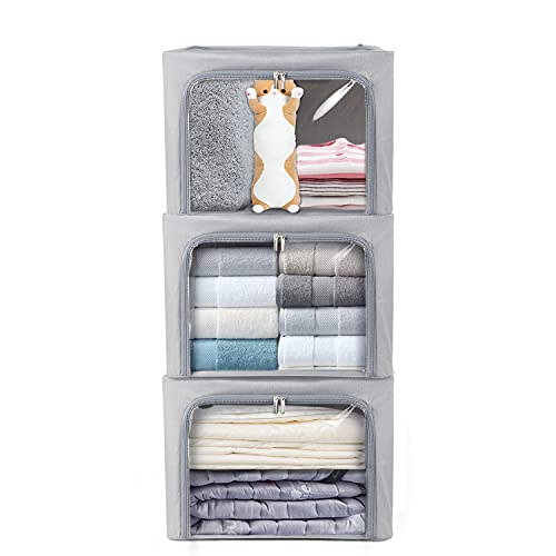 Image of STSTECH Clothes Storage Box Bins Stackable Foldable Organizer with Metal Frame for Clothing Bedding Shelves,Closet Container with Clear Window Zipper and Label Holder (Gray,Small-40L x3 Pack)