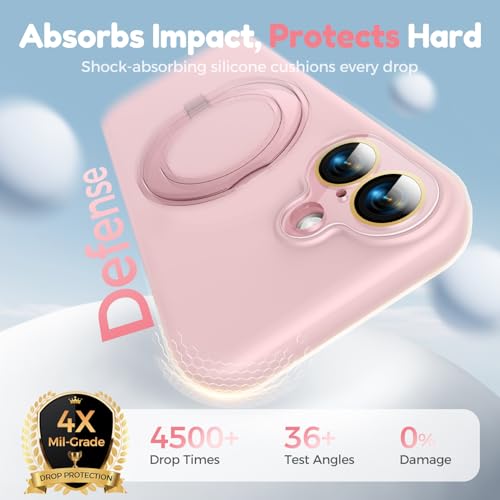 Image of Silicone 360 Spin Magnetic Stand Case for iPhone 17, [Compatible with Mag-Safe][Reinforced Hard Camera Protection]Shockproof Liquid Silicone Rubber Phone Case Cover with Ring, Camera Button, Pink