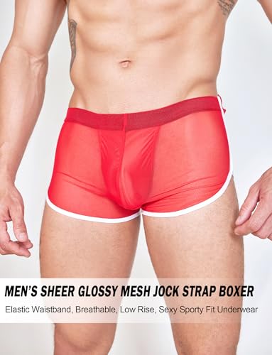 FEOYA Men's Sexy Underwear with Bulge Pouch See Through Mesh Trunks Boxer Briefs Low Rise Jockstrap Short Leg Underpants2