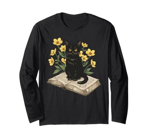 Gatto Nero su Libro Fiori Carino Gattino Gattino Donne Ragazze Bambini Maglia a Manica