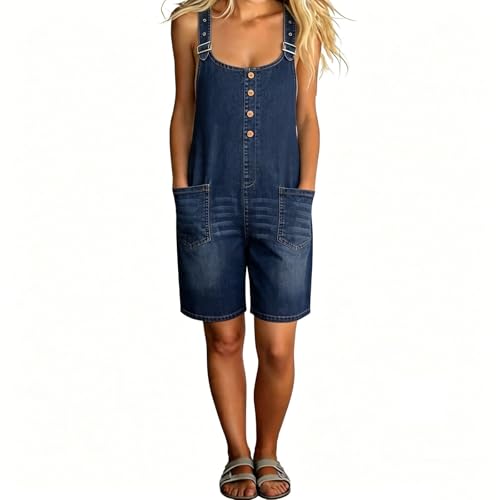 Generisch Mono para mujer, vaquero, peto, corto, de una pieza, algodón, informal, verano, moda, sin mangas, aspecto vintage, moda de playa, cómodo, mono corto, versátil, 01 azul., L