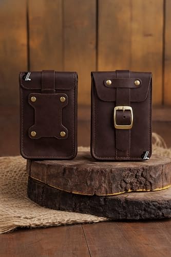 Image of Genuine Leather Motorcycle Tank Strap with Pouch Compatible with Royal Enfield Hunter 350 (Tank Strap with Pouch, Black & Brown)
