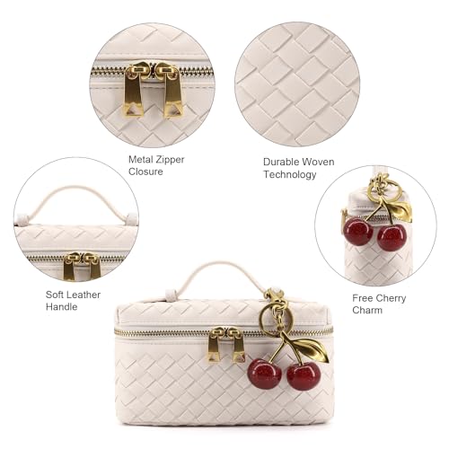 Image of Small Woven Box Crossbody Bags for Women Designer Leather Mini Top Handle Clutch Purse Square Vanity Bag with Cherry Charm