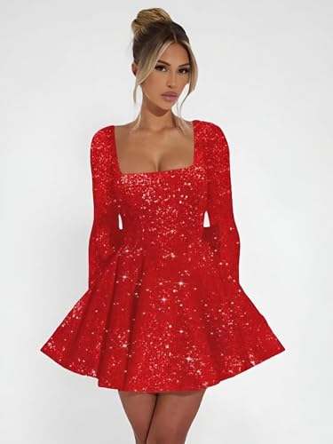 Long Sleeve Short Homecoming Dresses for Teens 2025 Sparkly Sequin A Line Square Neck Prom Dress with Bow2