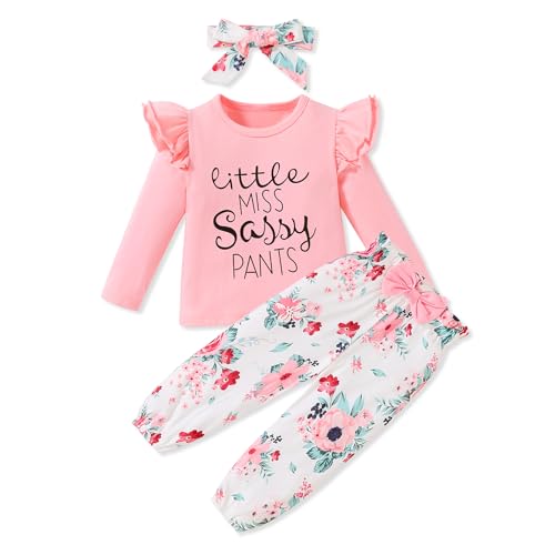 Image of SANMIO Toddler Girl Clothes Cute Ruffle Sleeve Shirt Floral Pants Headband | 3Pcs Fall Winter Outfits Kids Girls Clothing Set 1-6T