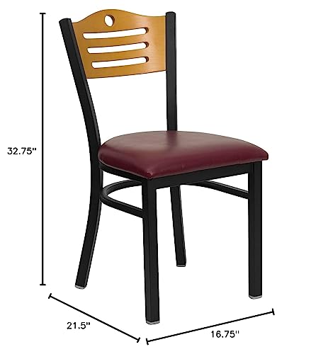 Image of Flash Furniture 2 Pk. HERCULES Series Black Slat Back Metal Restaurant Chair - Natural Wood Back, Burgundy Vinyl Seat