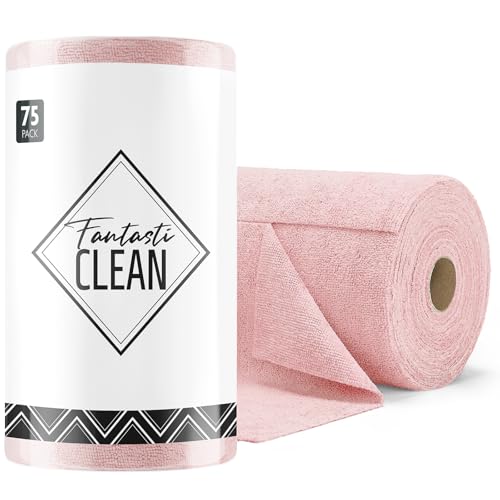Fantasticlean Microfiber Cleaning Cloth Roll -75 Pack, Tear Away Microfiber Towels, 12″ x 12″, Reusable, Washable, Scratch Free, Ultra Absorbent Dish Rags for Car, Home, Garage or Shop (Pink)