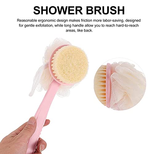 Image of 2-in-1 Loofah & Bristle Bath Brush - Curved Back Scrubber with Long Handle for Body Cleaning, Dry Brushing & Shower Use