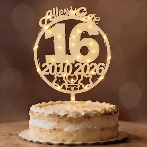 Tortendeko 16. Geburtstag Mädchen Junge 2010-2026, Seutgjie Deko 16. Geburtstag Cake Topper Holz mit LED Lichterkette Tortenaufleger Blumenstecker