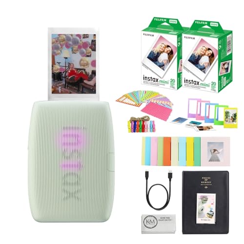 FUJIFILM INSTAX Mini Link 3 Smartphone Printer | Sage Green Bundled with INSTAX Mini Instant Film | 40 Exposures + Instax Mini Album, Borders, Stickers & Clips + Microfiber Cleaning Cloth (5 Items)